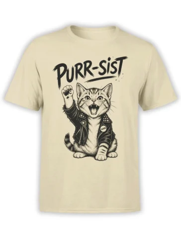 Purrsist punk cat graphic on a beige T-shirt, showing a fierce striped feline in a studded jacket