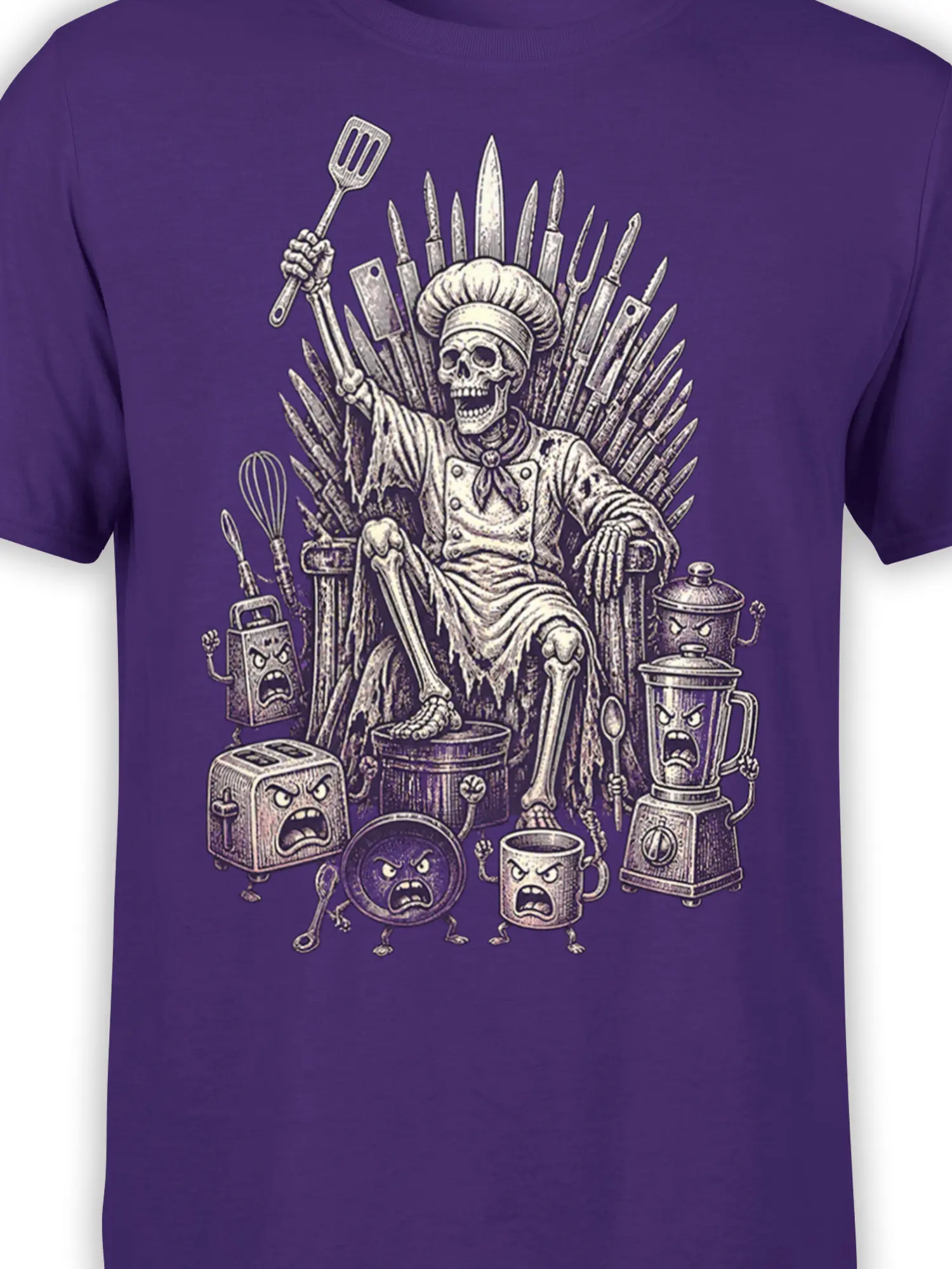 Close-up of skeleton chef in a tall hat with kitchen tools and furious appliance characters on purple fabric