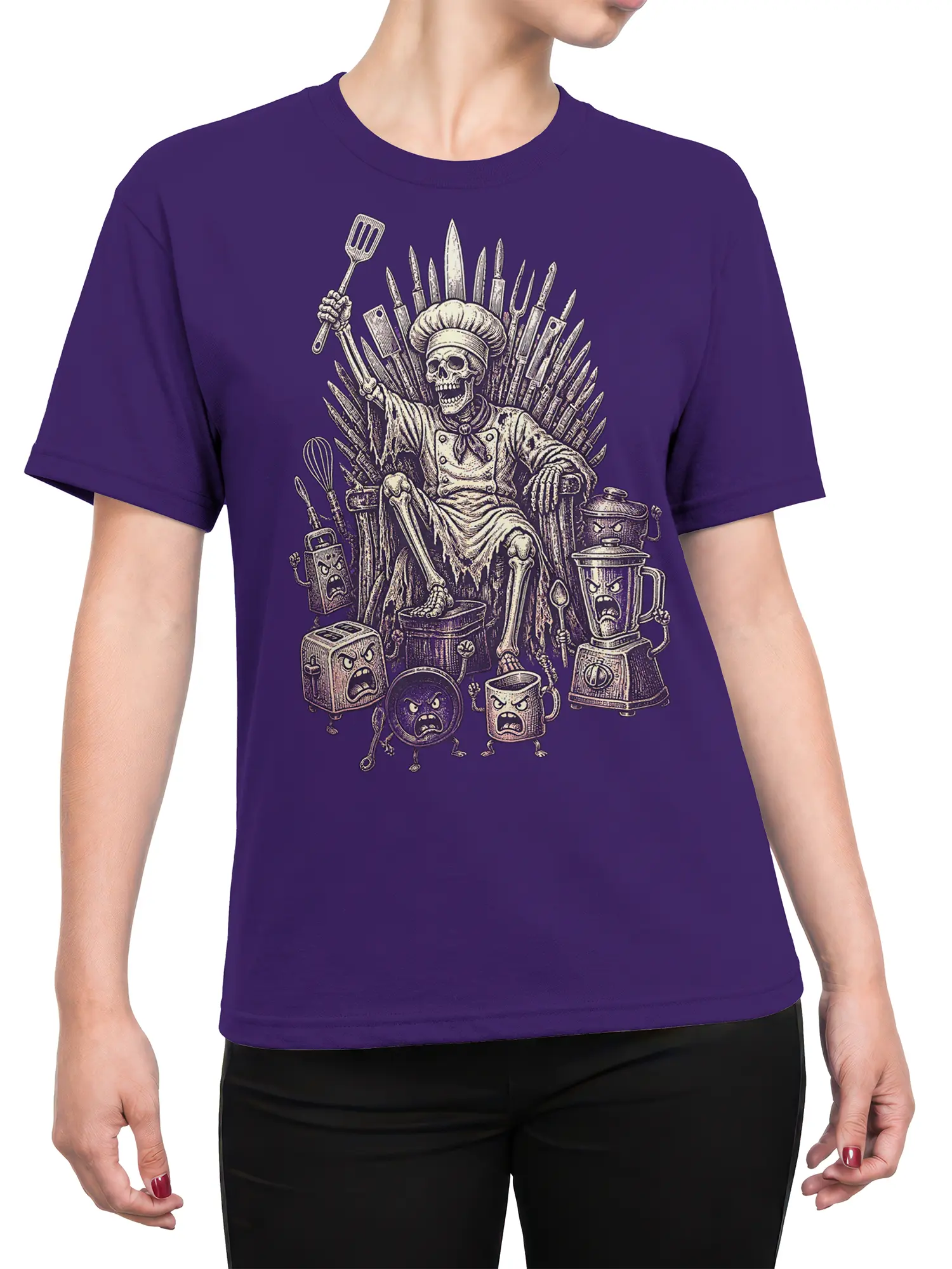 Female torso wearing a purple shirt with a skeleton chef king and angry kitchen appliances