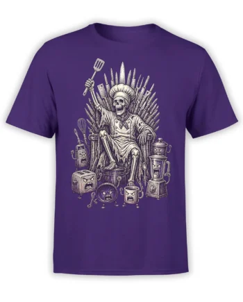 Purple shirt with a skeleton chef seated on a throne of kitchen tools and surrounded by angry appliances