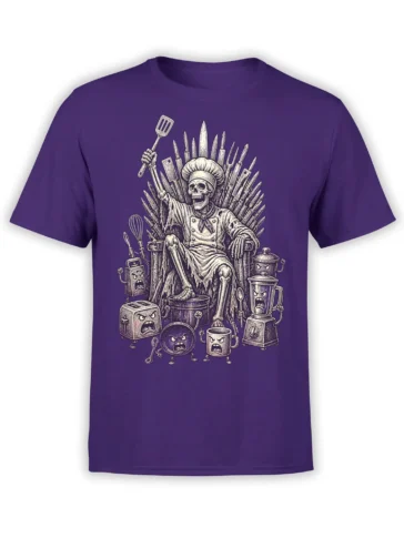 Purple shirt with a skeleton chef seated on a throne of kitchen tools and surrounded by angry appliances