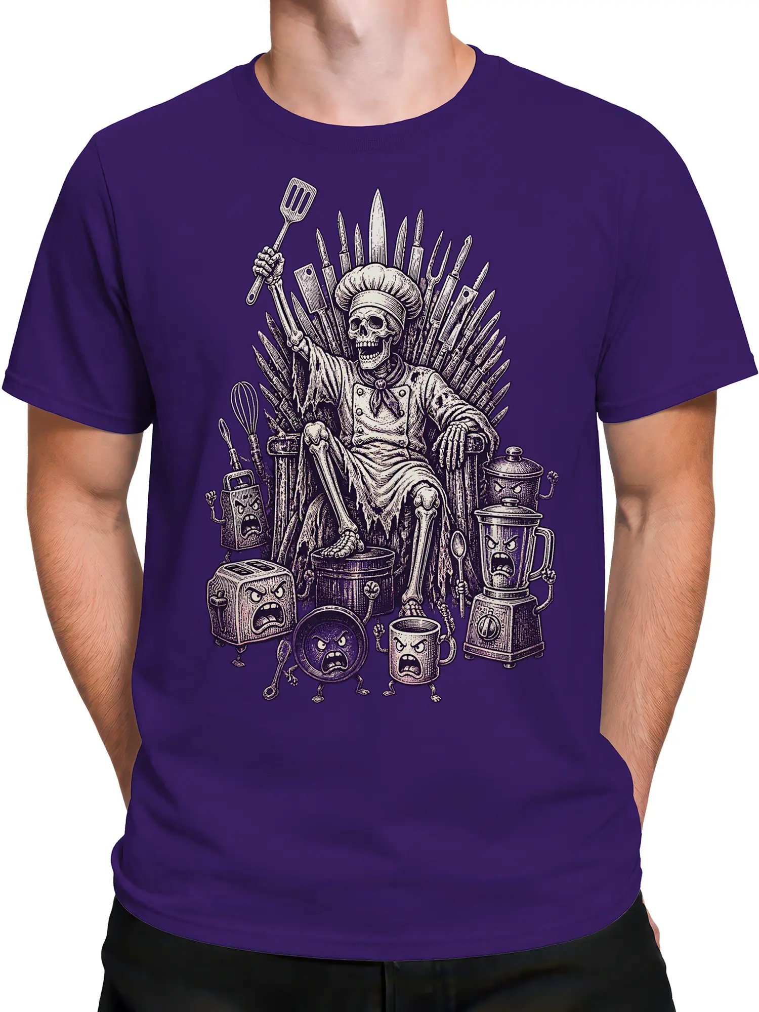 Male torso wearing a purple skeleton chef shirt with an illustrated kitchen throne design