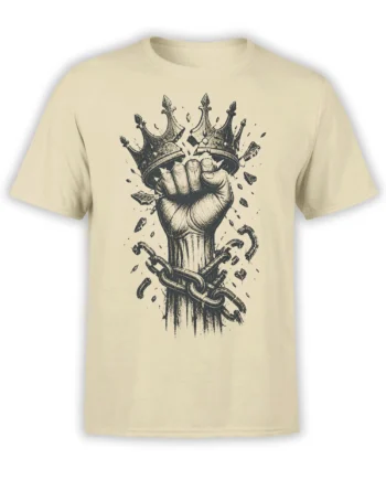 Beige T-shirt with a raised fist breaking ornate crowns and chains in vintage black-ink artwork