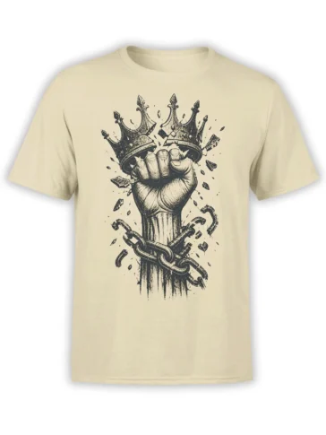 Beige T-shirt with a raised fist breaking ornate crowns and chains in vintage black-ink artwork