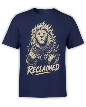 Powerful lion breaking chains above bold RECLAIMED lettering on a navy T-shirt