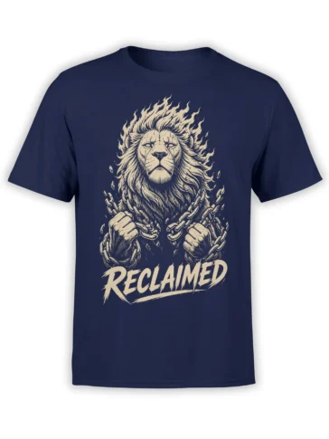 Powerful lion breaking chains above bold RECLAIMED lettering on a navy T-shirt