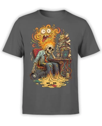 Burnout skeleton at a cluttered desk with books, laptop, coffee, flames, and melting figure on gray shirt