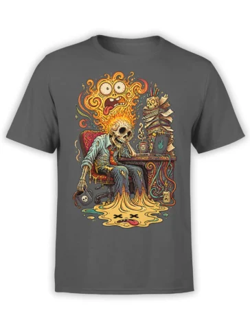 Burnout skeleton at a cluttered desk with books, laptop, coffee, flames, and melting figure on gray shirt