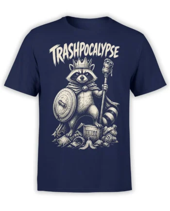Crowned raccoon warrior wearing a cape and holding a shield and staff on a navy T-shirt