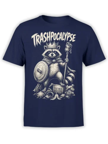 Crowned raccoon warrior wearing a cape and holding a shield and staff on a navy T-shirt