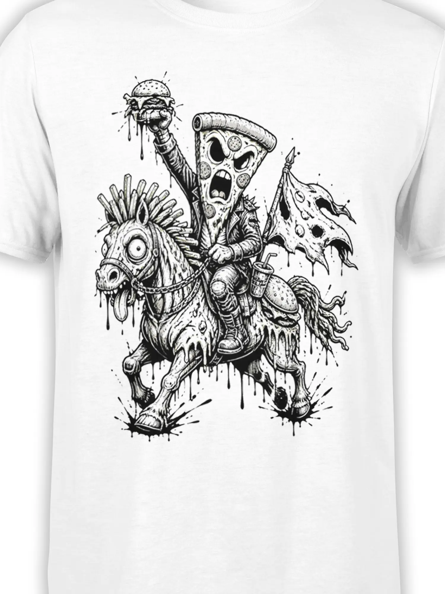 Close-up of zombie pizza knight artwork with burger, fries, and undead horse details on white fabric