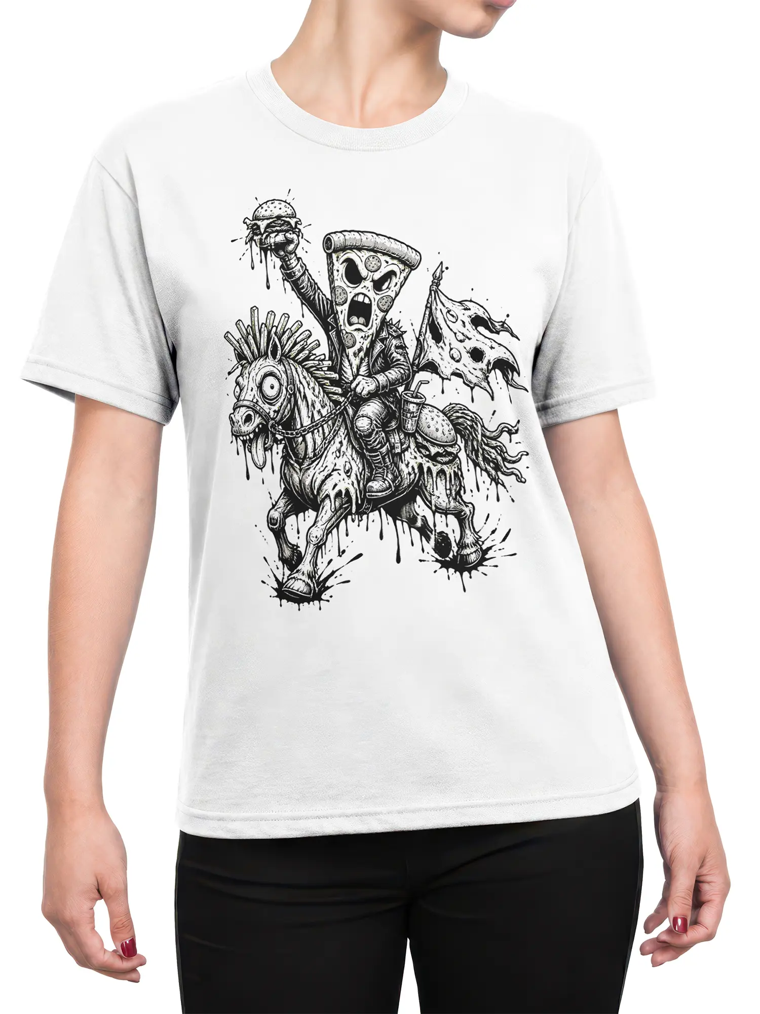 Female torso wearing a white T-shirt with a zombie pizza knight and undead horse graphic