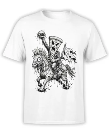 White T-shirt with a black-and-white zombie pizza knight riding a dripping undead horse