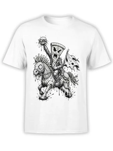 White T-shirt with a black-and-white zombie pizza knight riding a dripping undead horse