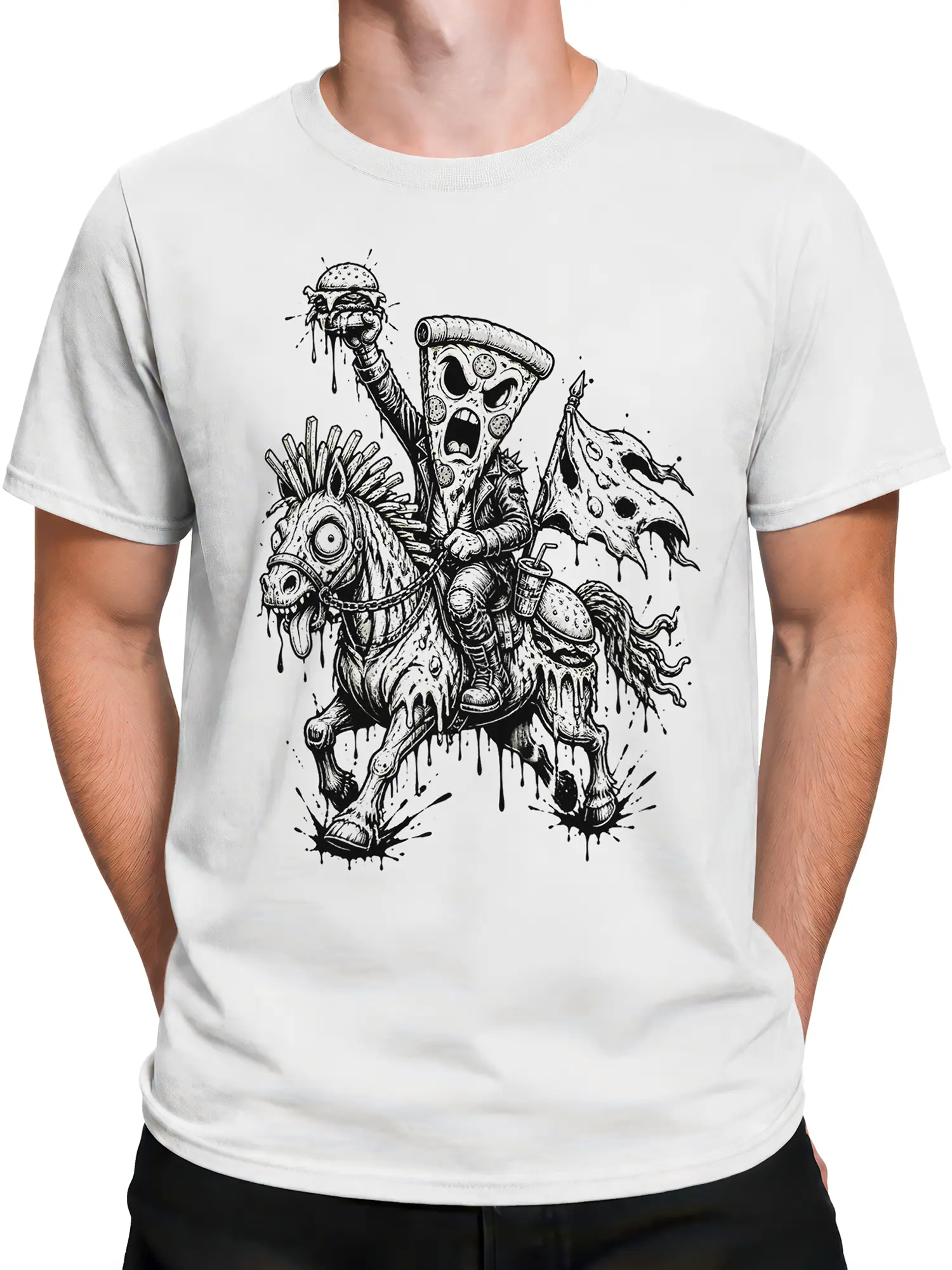 Male torso wearing a white T-shirt with a black-and-white zombie pizza knight graphic
