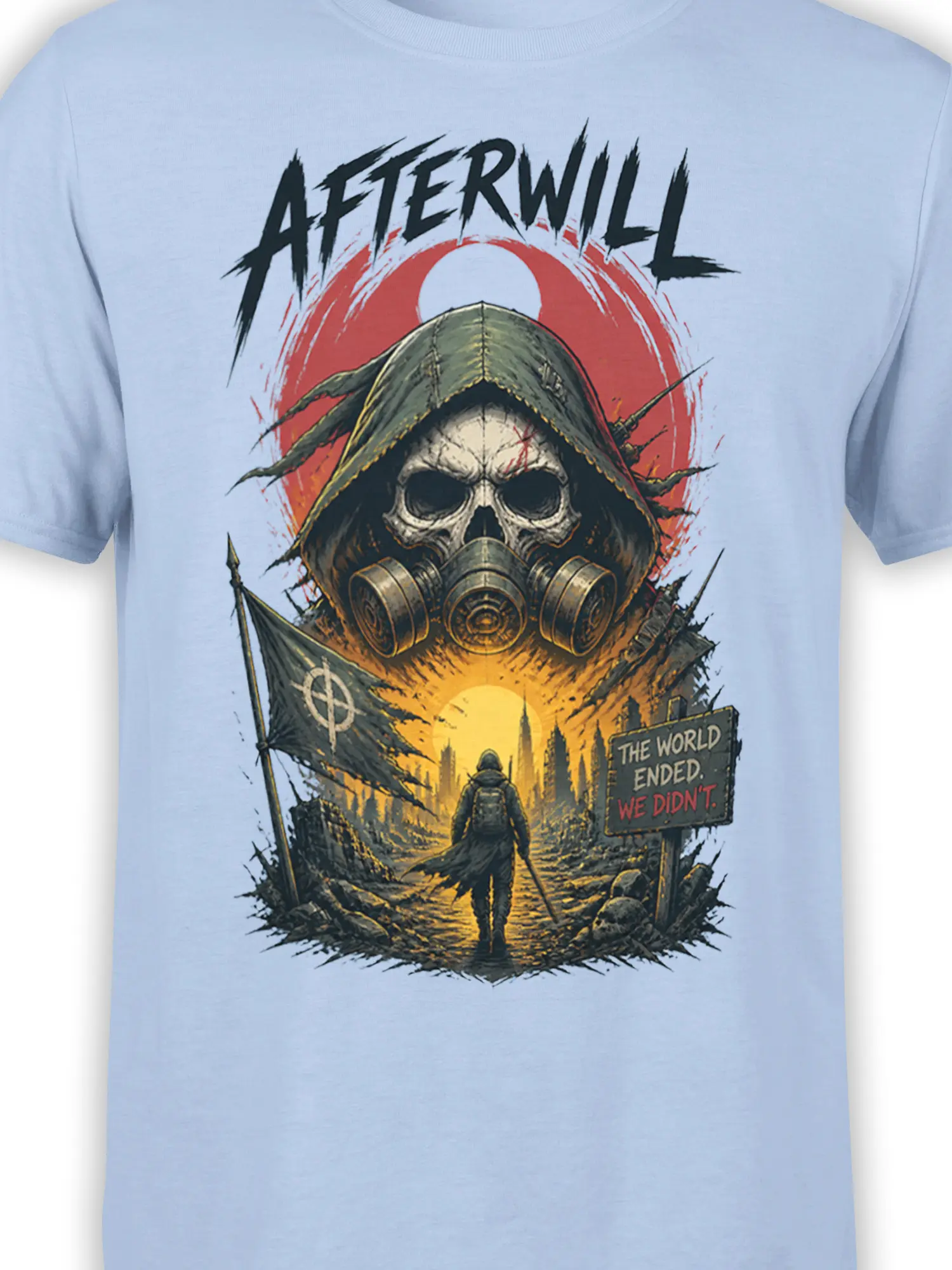 Detailed hooded gas mask survivor and wasteland city artwork on a light blue shirt
