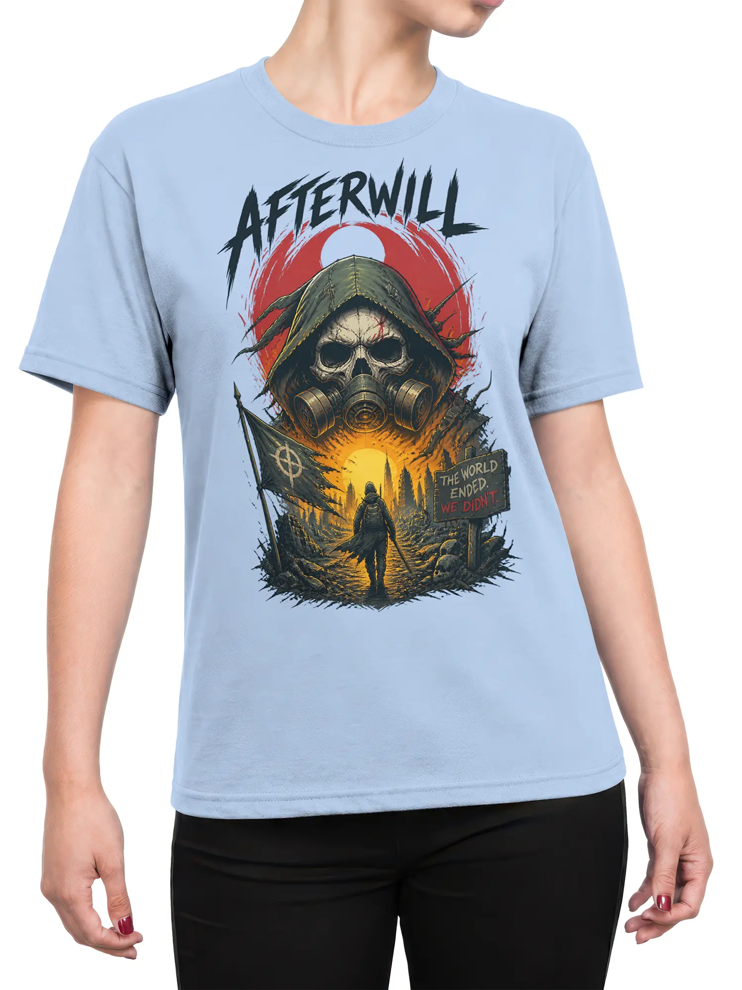 Female torso wearing a light blue apocalypse T-shirt with hooded gas mask survivor artwork