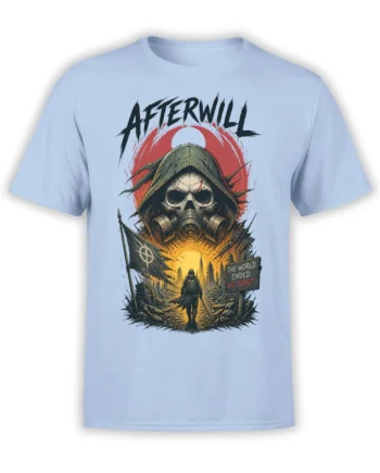 Hooded gas mask survivor and ruined city apocalypse artwork on a light blue T-shirt
