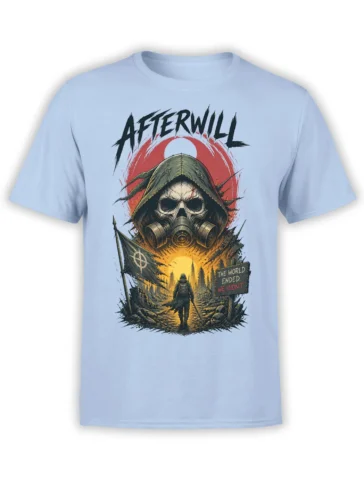 Hooded gas mask survivor and ruined city apocalypse artwork on a light blue T-shirt