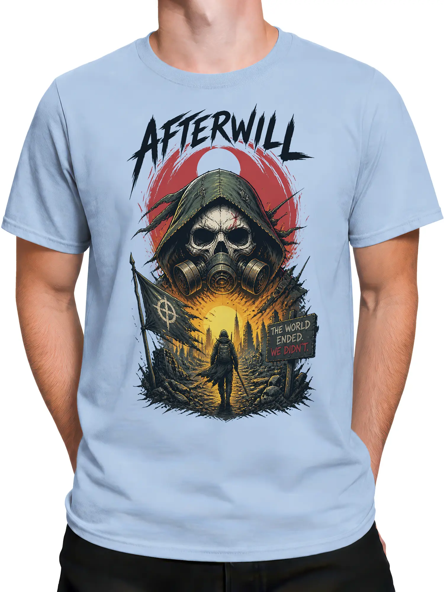 Male torso wearing a light blue apocalypse T-shirt with hooded survivor artwork