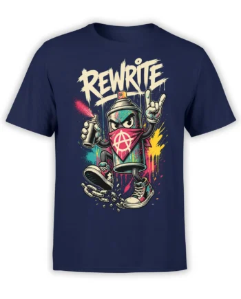 Rebellious spray can character and REWRITE lettering on a colorful navy punk T-shirt