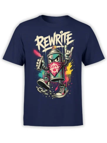 Rebellious spray can character and REWRITE lettering on a colorful navy punk T-shirt