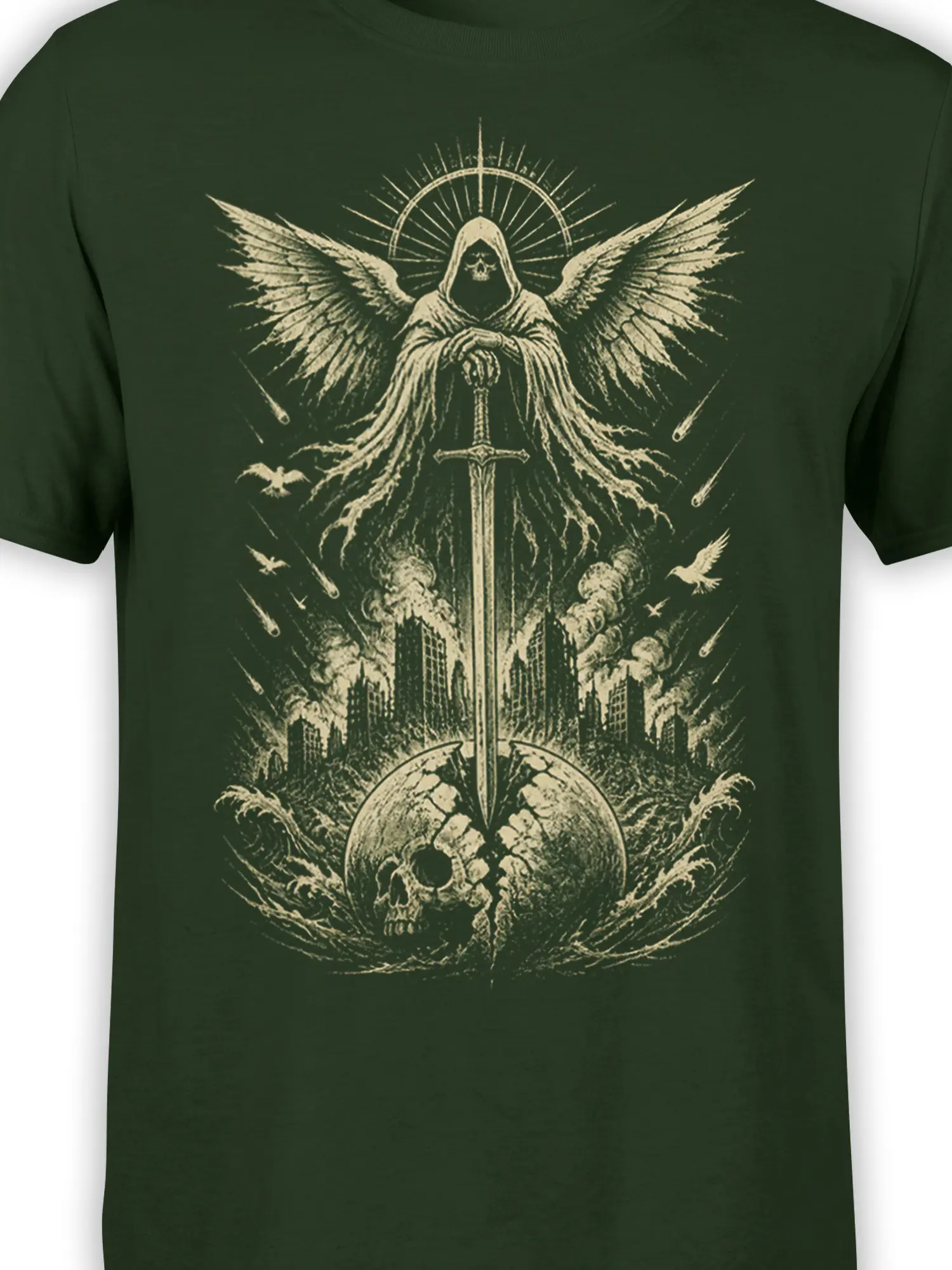 Close-up of the hooded winged figure, sword, halo, and distressed apocalyptic artwork on a green shirt