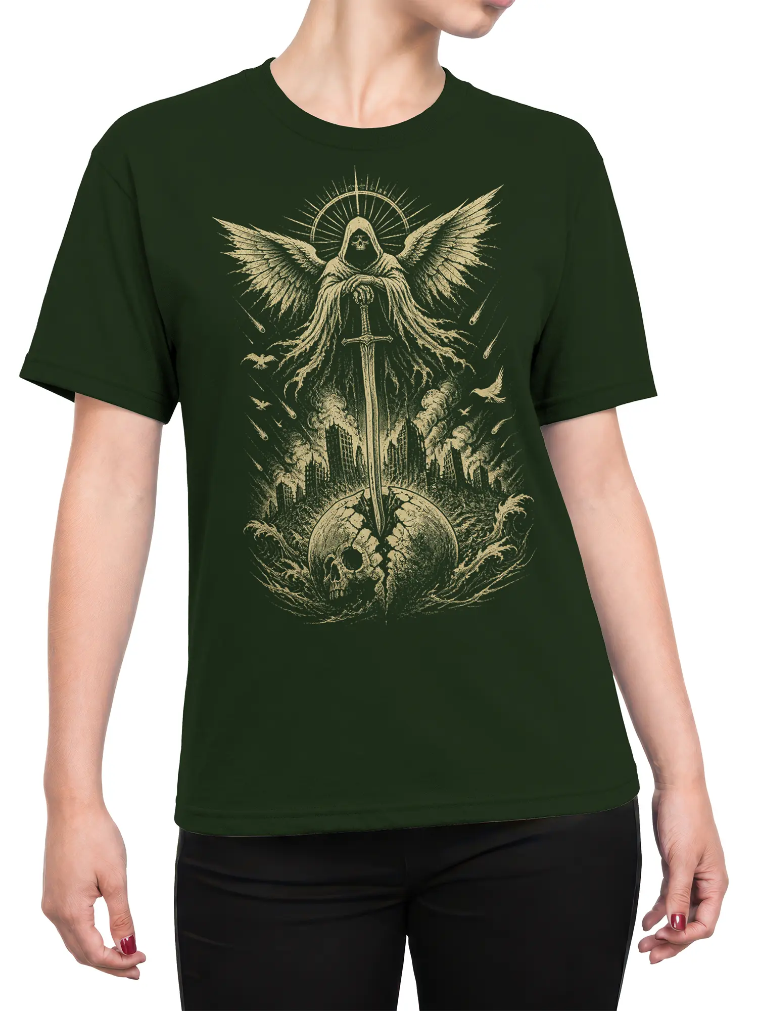Female torso wearing a green T-shirt with a hooded winged angel, sword, meteors, and ruined city design