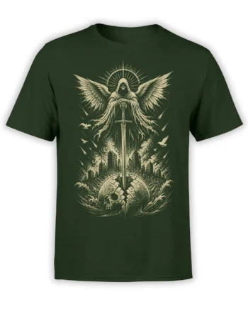 Hooded winged angel with a sword above a ruined city and cracked planet on a green T-shirt