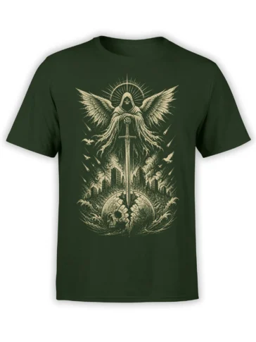 Hooded winged angel with a sword above a ruined city and cracked planet on a green T-shirt