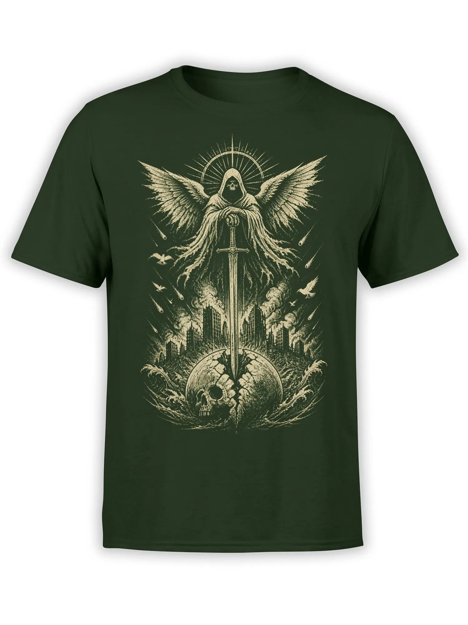 Hooded winged angel with a sword above a ruined city and cracked planet on a green T-shirt
