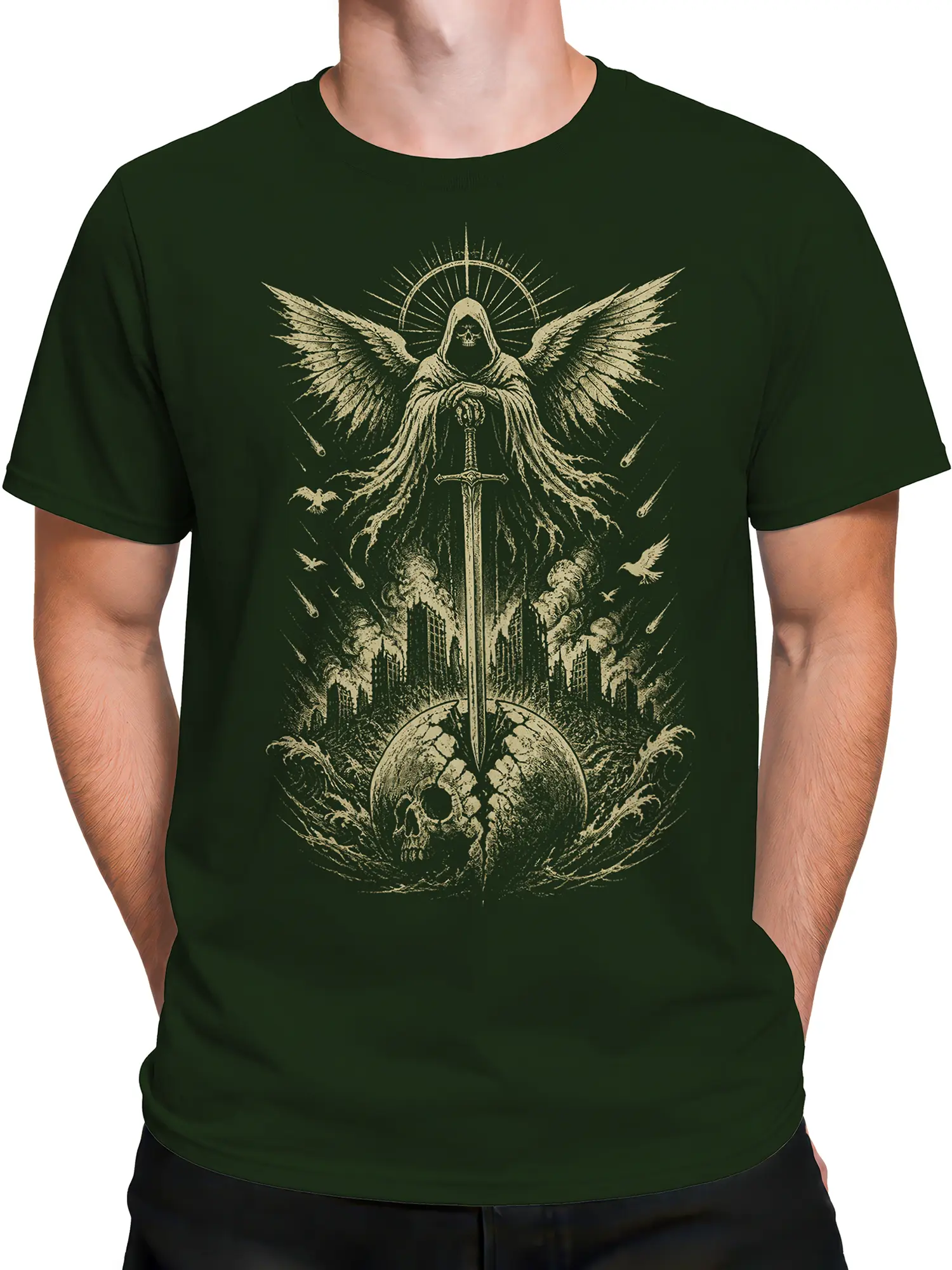 Male torso wearing a green fantasy T-shirt with a winged hooded figure and sword over a ruined city