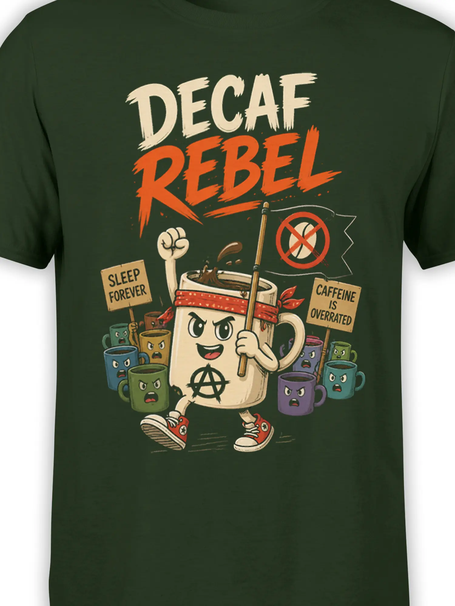 Close-up of Decaf Rebel design with angry mugs and anti-caffeine signs on green fabric