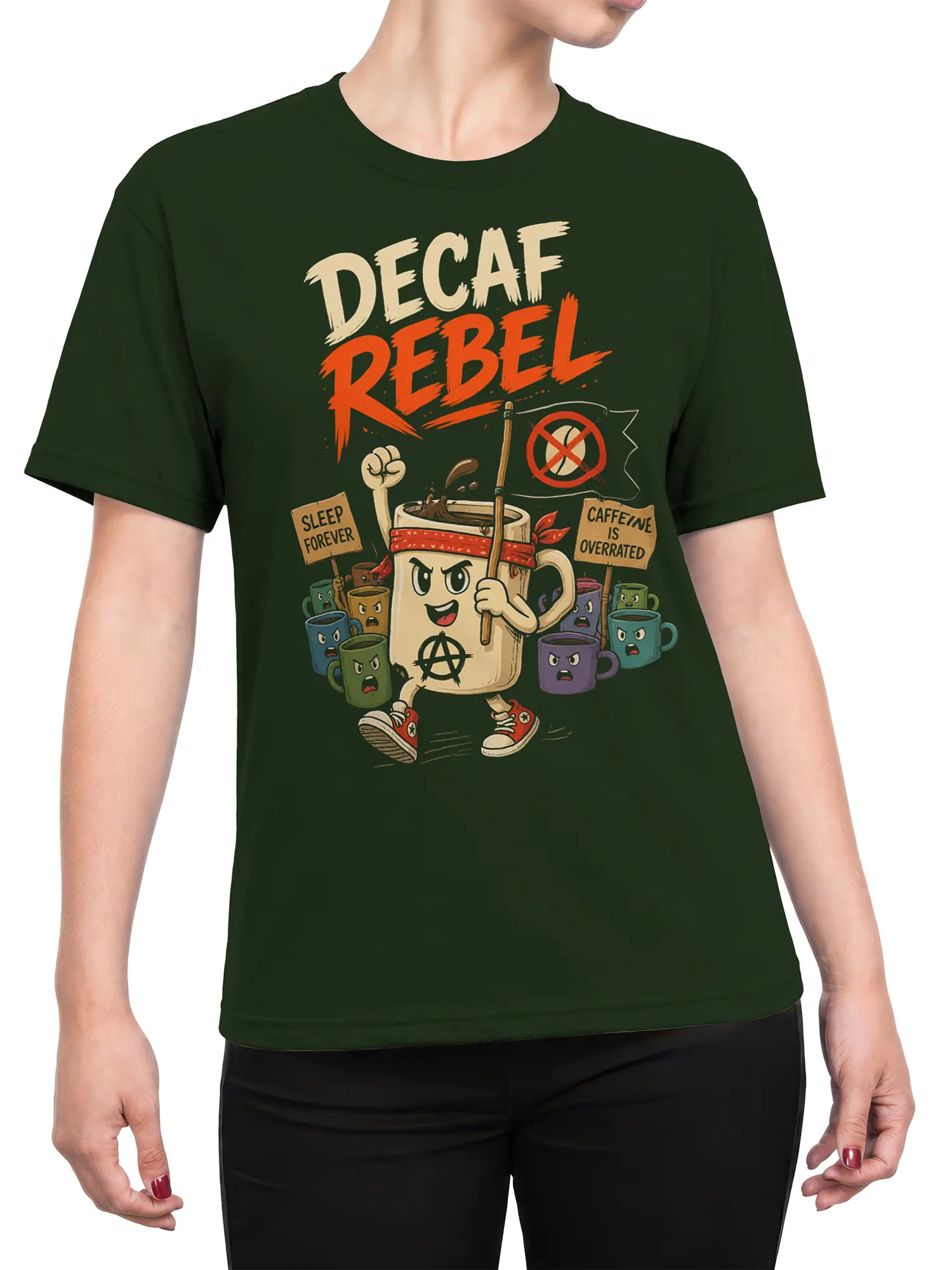 Female torso wearing a green Decaf Rebel T-shirt with angry mug protest artwork