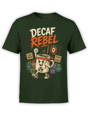Decaf Rebel coffee mug artwork with protest signs on a green T-shirt