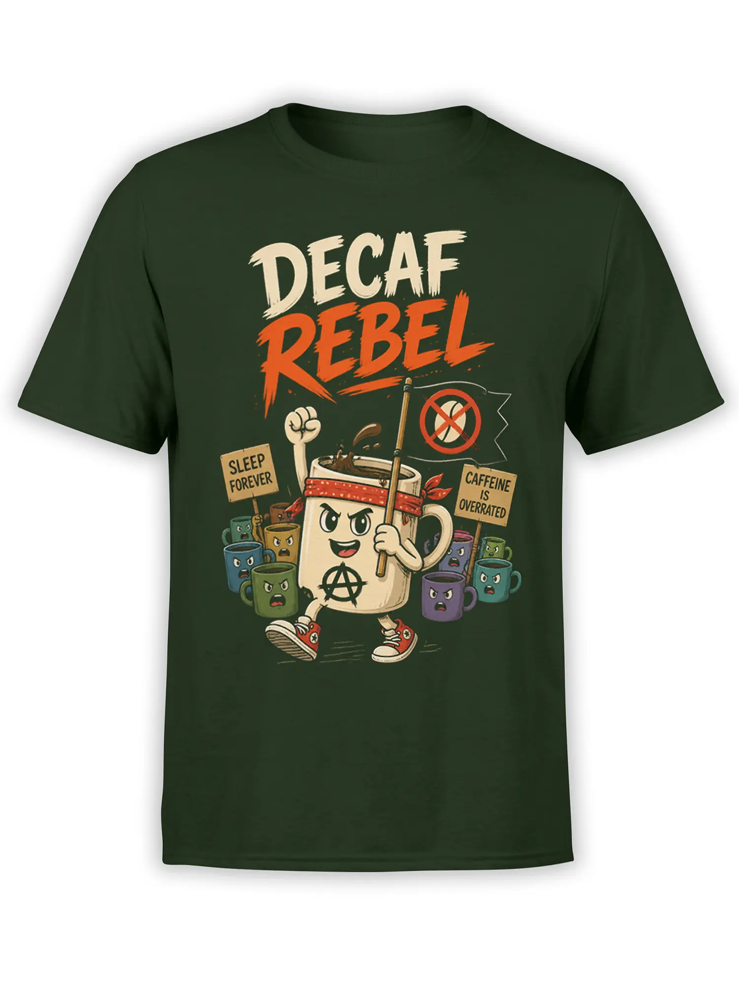 Decaf Rebel coffee mug artwork with protest signs on a green T-shirt