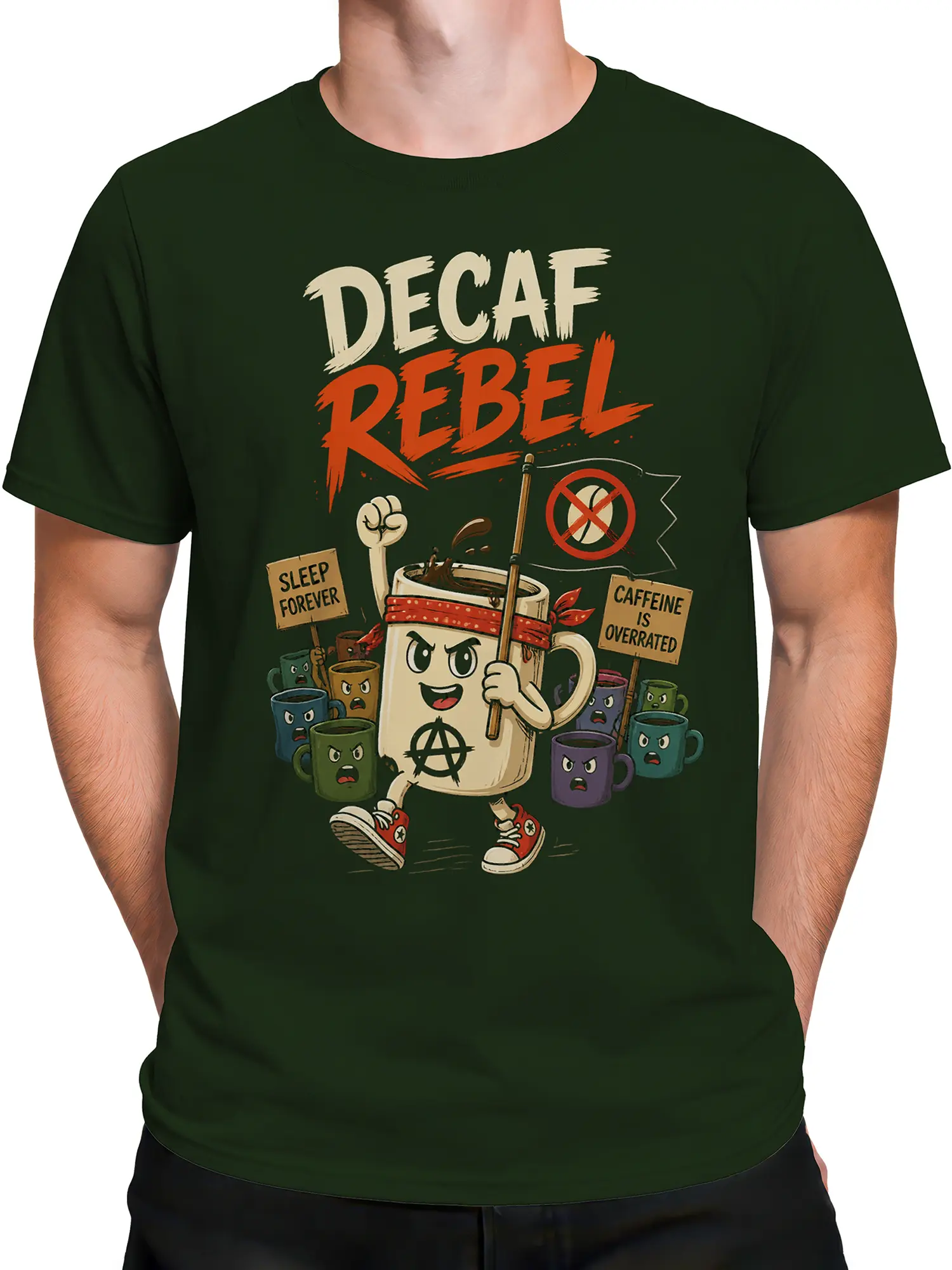 Male torso wearing a green Decaf Rebel T-shirt with punk coffee mug artwork