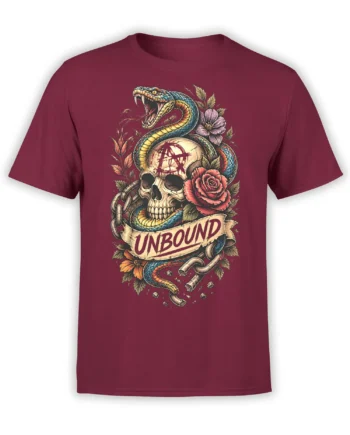 Burgundy T-shirt with a coiled snake, grinning skull, roses, broken chains, and UNBOUND artwork