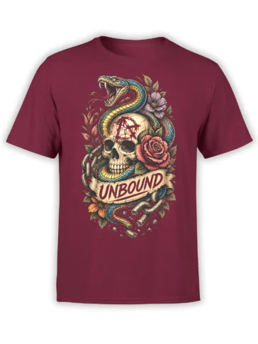 Burgundy T-shirt with a coiled snake, grinning skull, roses, broken chains, and UNBOUND artwork