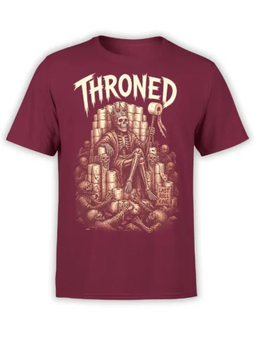 Crowned skeleton king on a toilet paper throne with “THRONED” text on a burgundy T-shirt