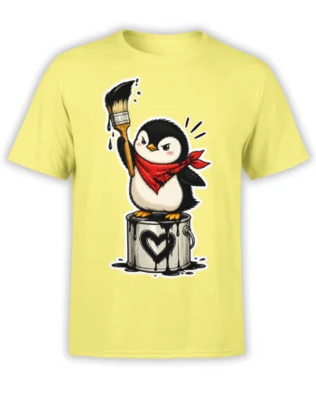 Yellow T-shirt featuring a determined penguin painter with a red scarf, brush, and heart paint can