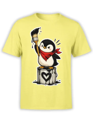 Yellow T-shirt featuring a determined penguin painter with a red scarf, brush, and heart paint can