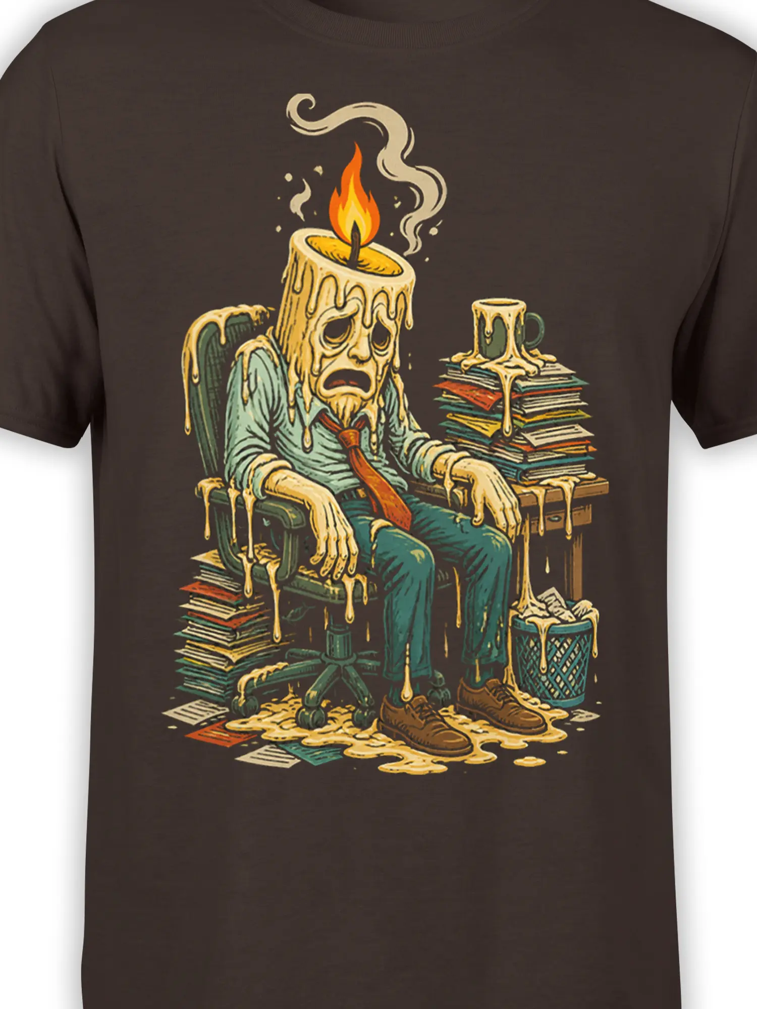 Close-up of melting candle worker artwork with flame, tie, books, and coffee cup on brown fabric