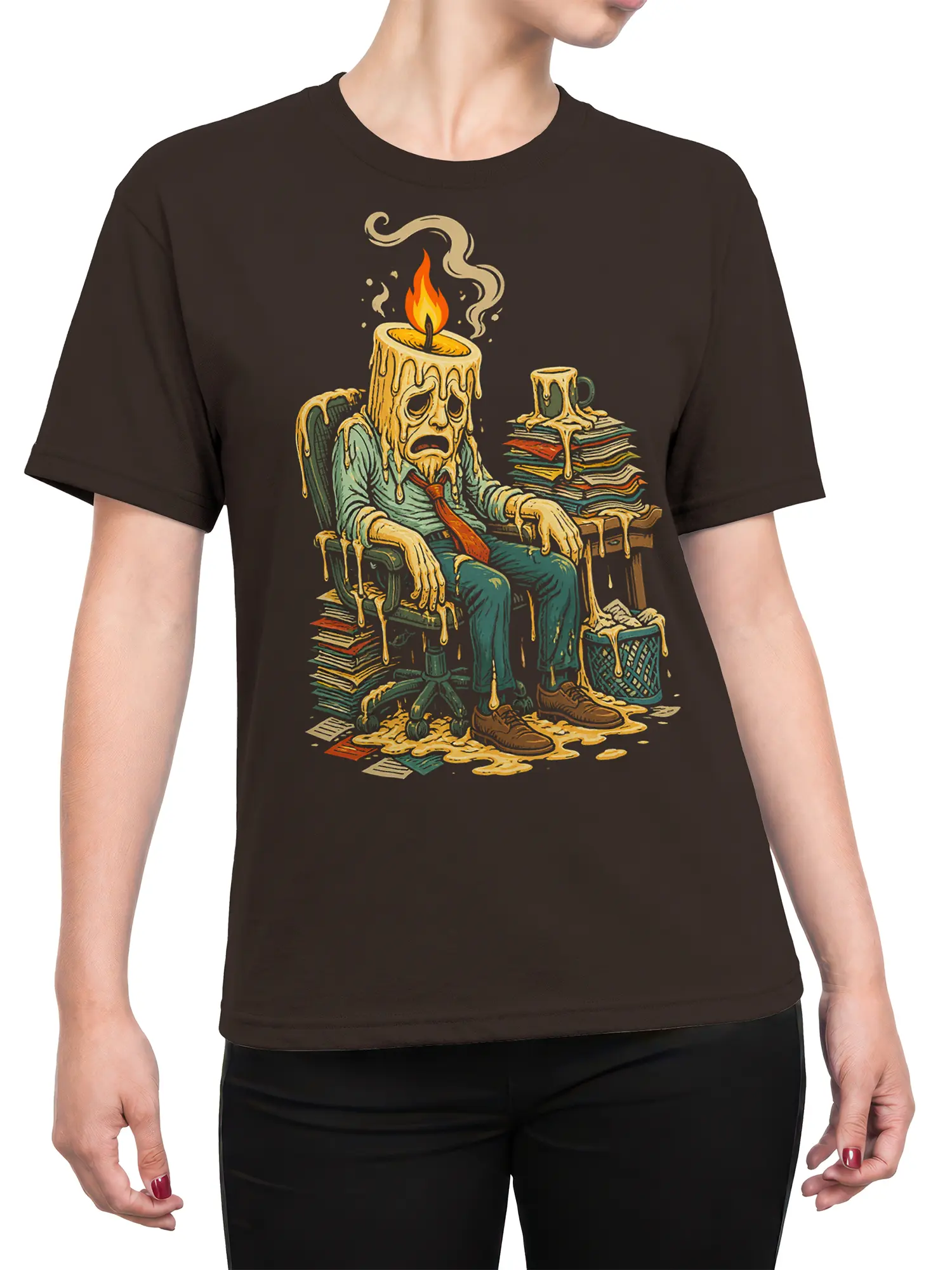 Female torso wearing a brown T-shirt with a melting candle office worker, books, paperwork, and coffee cup