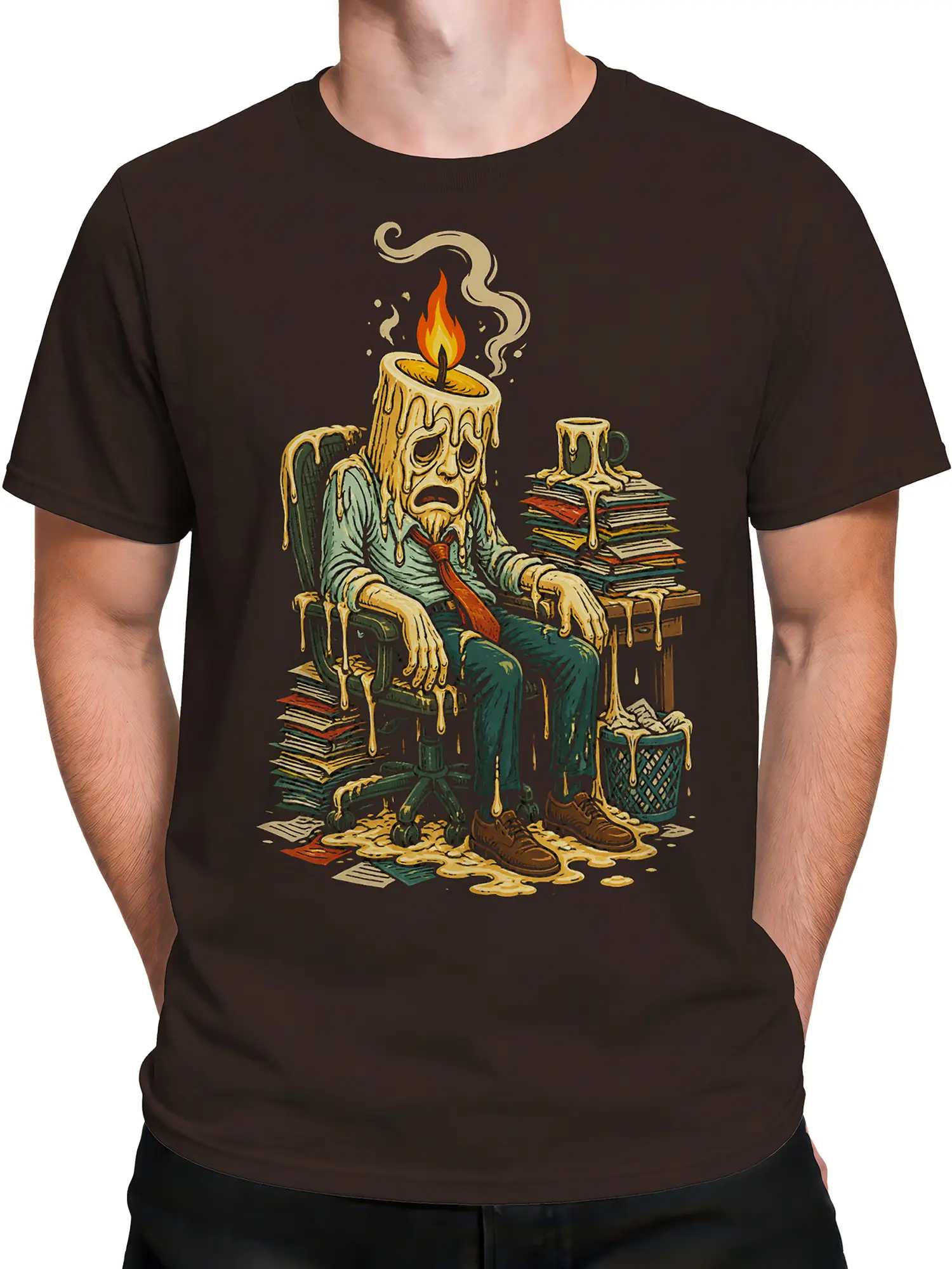 Male torso wearing a dark brown T-shirt with a melting candle office worker desk scene