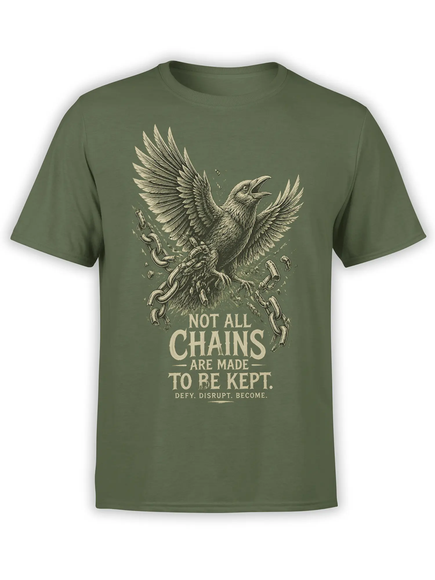 Raven with spread wings breaking chains above a defiant message on a green T-shirt