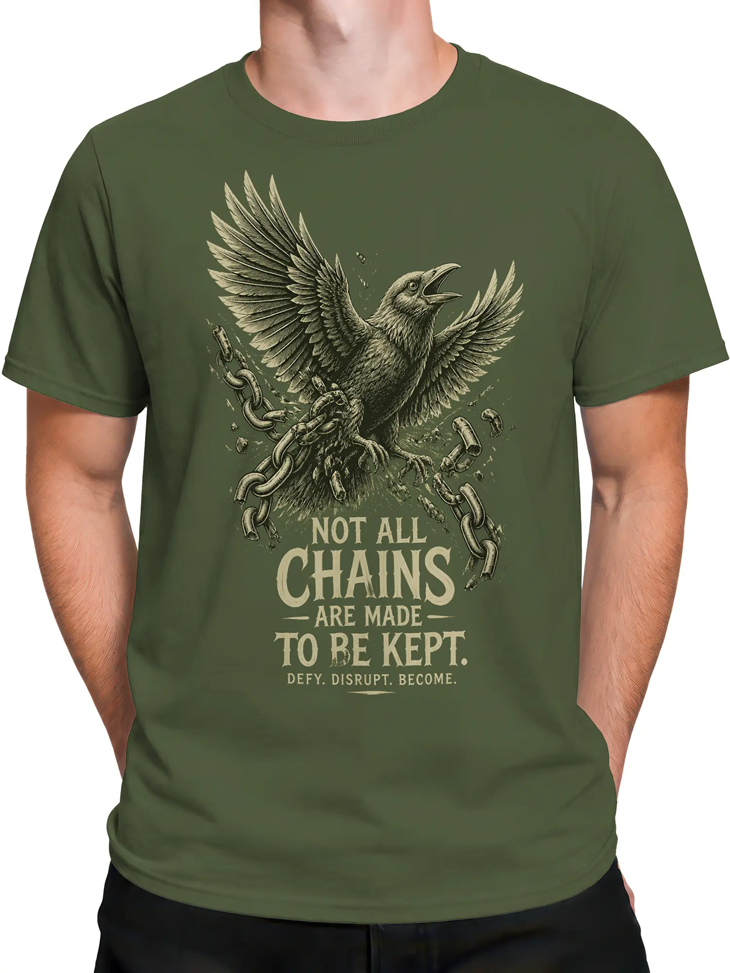 Male torso wearing a green raven T-shirt with a defiant broken chains design