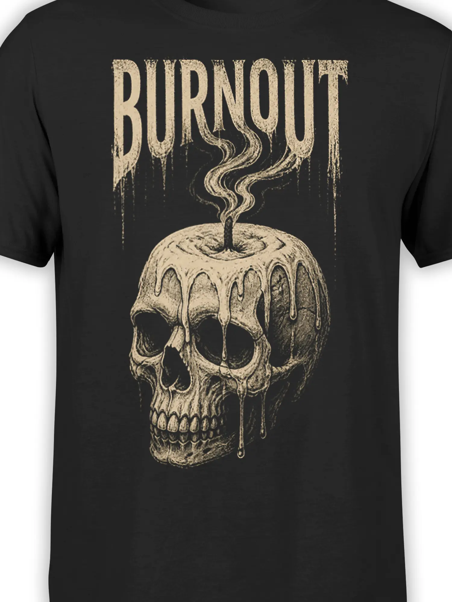 Close-up of the distressed melting skull graphic and BURNOUT text printed on a black T-shirt