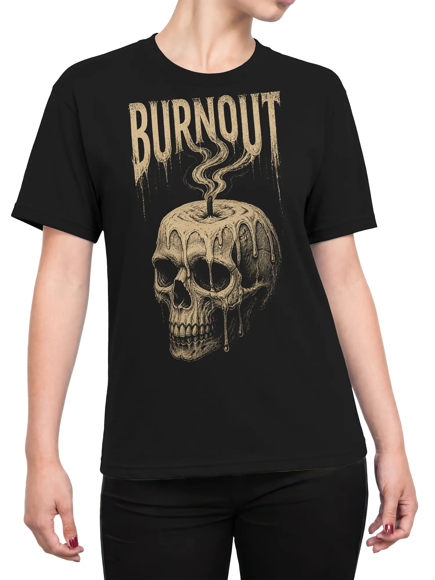 Female torso wearing a black T-shirt with a distressed melting skull and BURNOUT graphic
