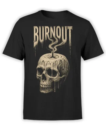 Black T-shirt with distressed melting skull, curling smoke, and bold BURNOUT lettering across the chest
